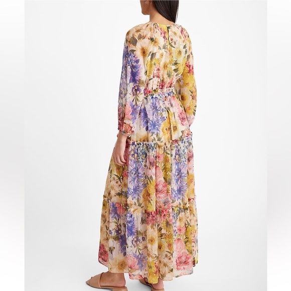 NWT Express XL Multi Floral V-Neck Long-sleeve Tiered Ruffle Maxi Dress - Picture 4 of 6